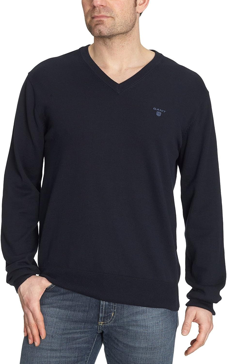 GANT Men's Light Weight Cotton Long Sleeve VNeck Jumper (S, Navy