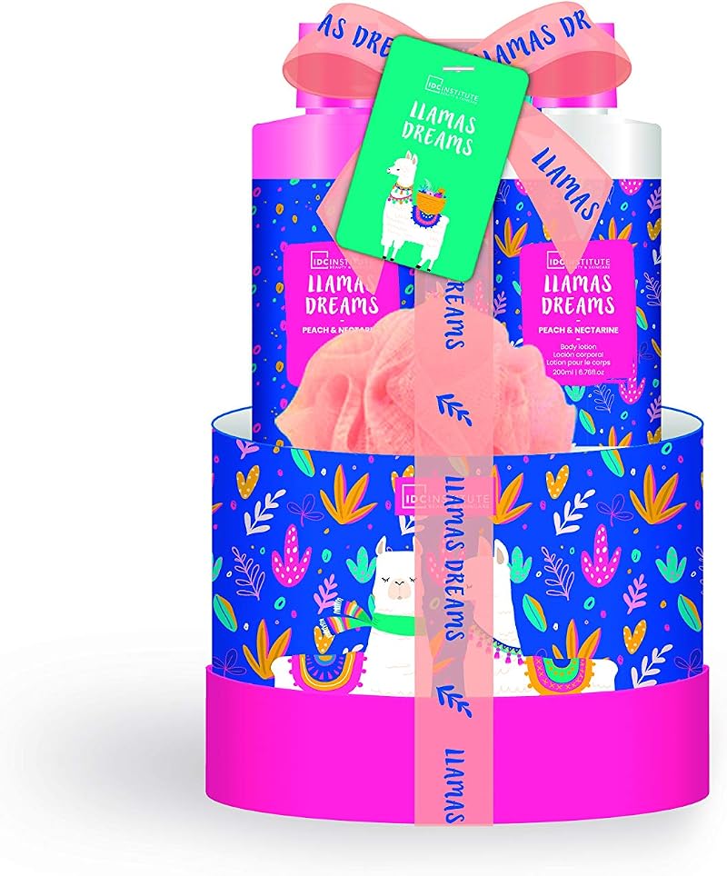 IDC Institute Peach Nectarine Llama Gift Box 4pc Shower Gel Lotion Bath Salt