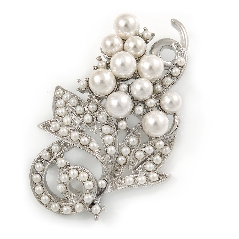 White Simulated Pearl Grapes Brooch In Rhodium Plated Metal - 50mm