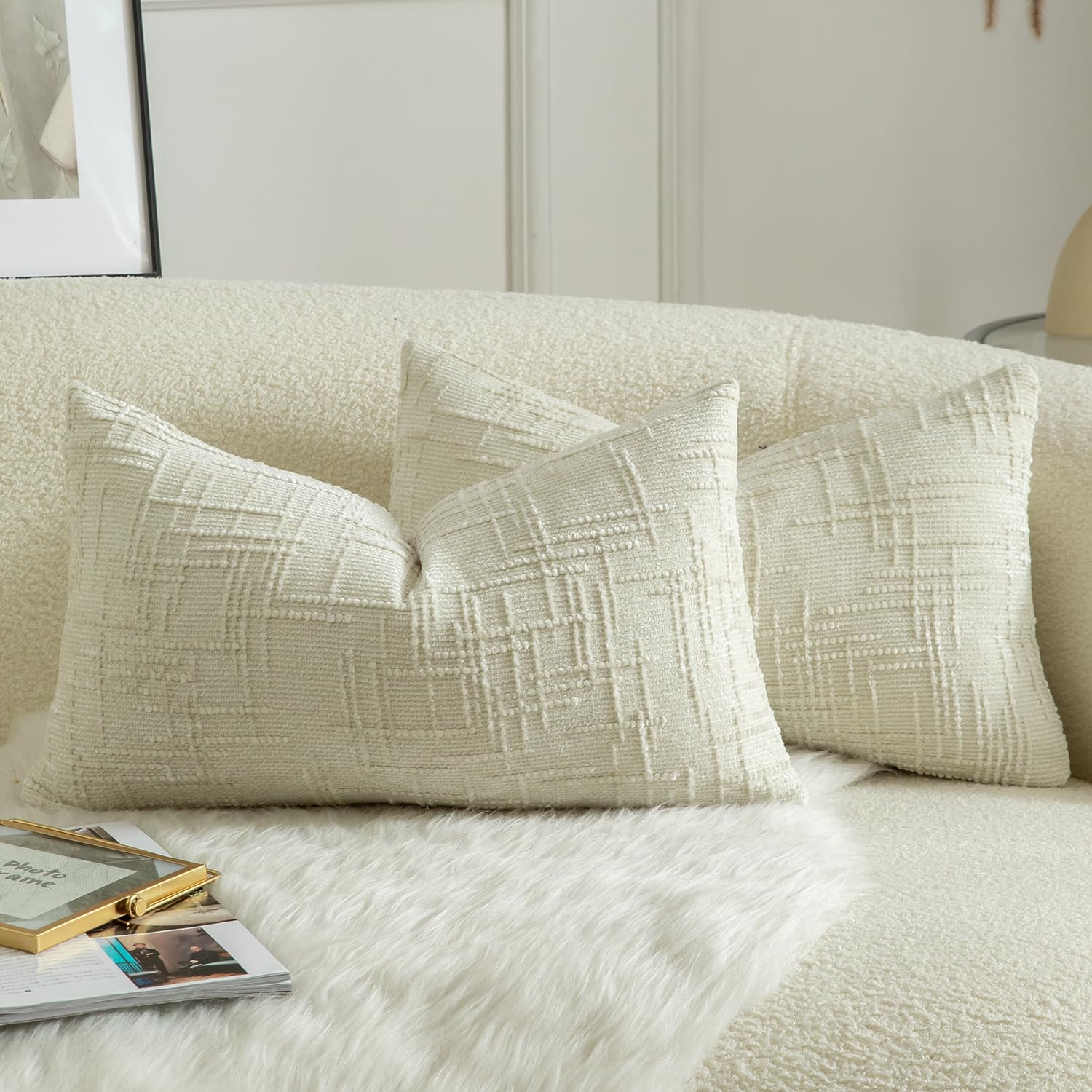 MANDIOO Pack of 2 Decorative Home Throw Pillow Covers 12x20 Inch Cream White