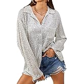 Sequin Button Front Shirt Women’s Dinner Blouse Silver Sequin Tops Sparkly Button Up Shirt Collared Long Sleeve Blouse