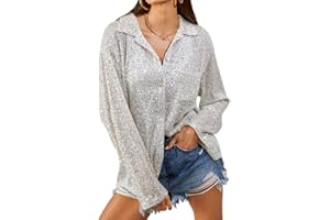 TAOHONG Sequin Button Front Shirt Women’s Dinner Blouse Silver Sequin Tops Sparkly Button Up Shirt Collared Long Sleeve Blouse