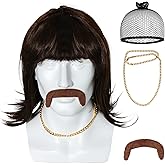 Ngdhkd 4pcs Set 70s 80s Disco Wig with Mustache Chain Mens Mullet Wig for 60s Singer Rocker Hippies Costume for Halloween Disco Party Cosplay Costume Accessories