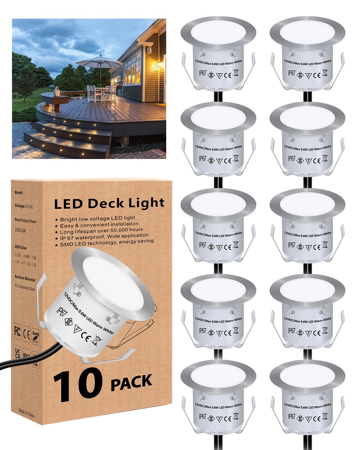 HIBOITEC 10PCS Decking Lights, 0.6W LED Deck Lights, Warm White Deck Lighting IP67 Waterproof, 12V Low Voltage Kitchen Plinth Lights for Yard, Garden Steps, Patio, Stair, Driveway