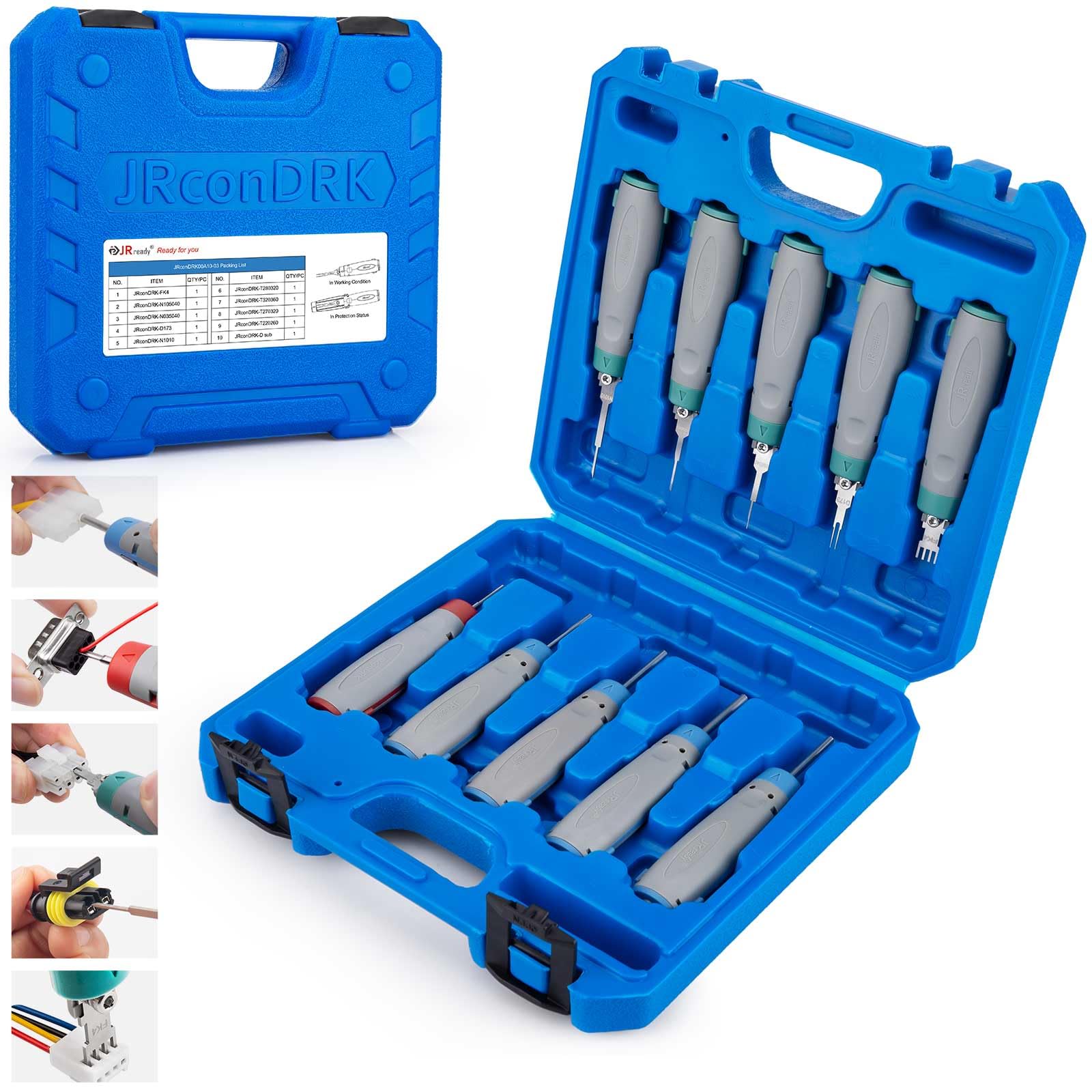 Photo 1 of JRready Upgraded Terminal Removal Tool Kit 10PCS Pin Extractor Tools with Handle Storage and Protective Cover Terminal Release Tool for Molex TE/AMP Harting D SUB Connectors(JRconDRK00A10-03)