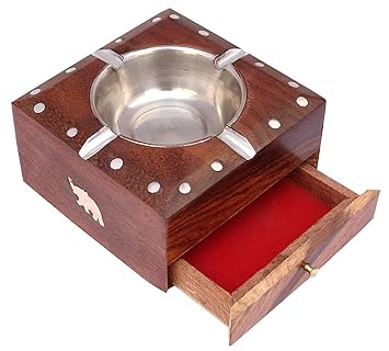 Indian Gifts Shoppee Wooden Ashtray with Cigarette Holder 4 Slots for Home Office Car