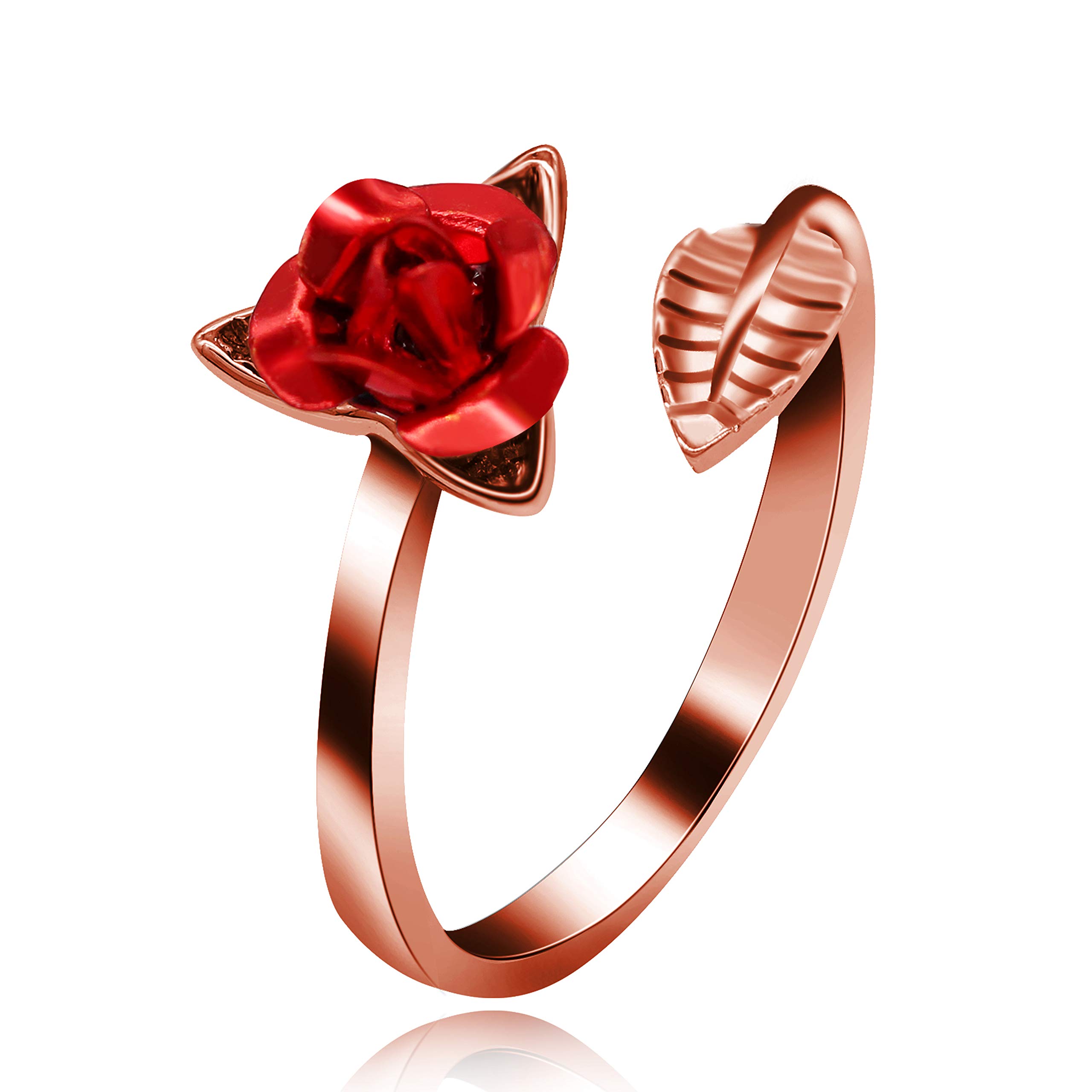 Uloveido Women's Rose Gold Plated Red Rose Flower Ring Adjustable Open Tail Rings Wedding Promise Jewelry Valentine's Gifts for Girl or Girlfriend Y456-Rose Gold