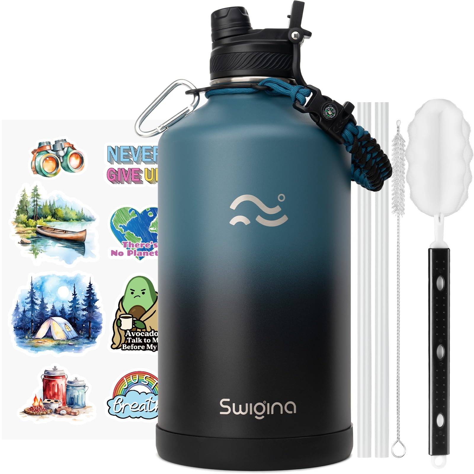 Photo 1 of Swigina [2-IN-1 LID] Gallon Insulated Water Bottle with Silicone Boot (48hrs Cold/24hrs Hot) - DIY Stickers, Leakproof, BPA Free, 128 oz