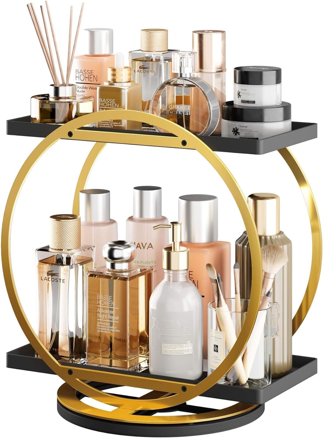 HISKIWUU Two Tier Lazy Susan, 360 Rotating Perfume Organizer for Dresser, Large Capacity Bathroom Counter Organizer Cosmetic Skincare Storage Countertop Holder for Bedroom Kitchen(Black-Gold)