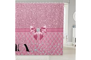 Feelyou Glitter (No Glitter No Sequin) Diamond Shower Curtain Pastel Pink Bath Curtain for Kids Teens High Heels Bathroom Shower Curtain Set Dreamy Kids Bathroom Accessories Decor 72"x72"