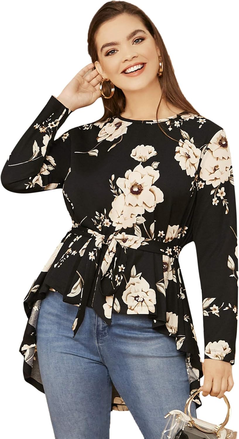 Romwe Women's Plus Size Elegant Floral Print High Low Belted Crew Neck Ruffle Peplum Blouse Top