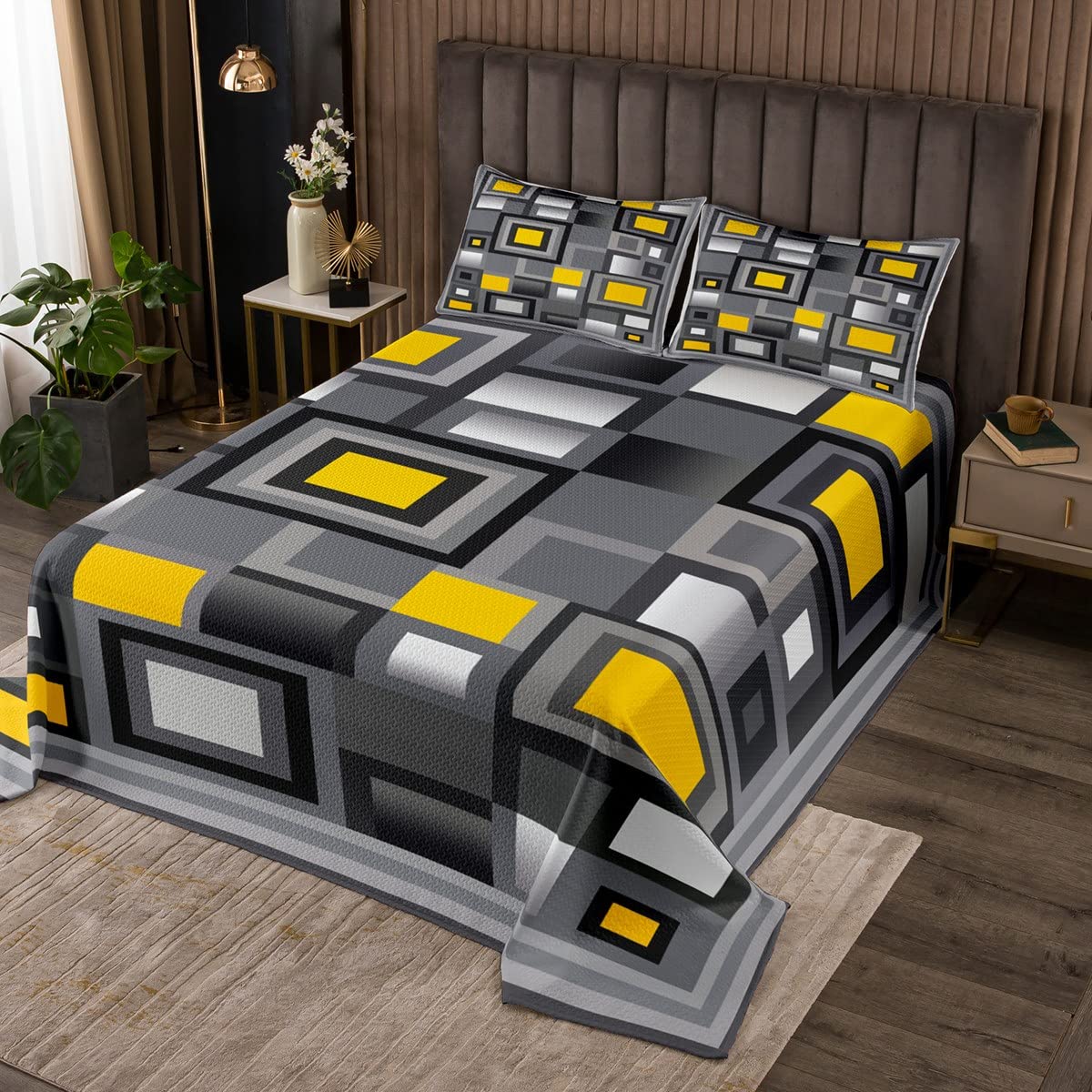 Geometric Grid Bedspread Set Double Size for Kids,Yellow White and Gray Quilt Set Modern Abstract Coverlet Geometric Square Splicing Bedspread 3 Pcs Decorative Bedding Quilted with 2 Pillow Shams