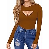 HERLOLLYCHIPS Womens Long Sleeve Tops Short Sleeve Cut Out Front Ribbed Fitted Sexy Casual Dressy Fall Tee T-Shirts Tshirt