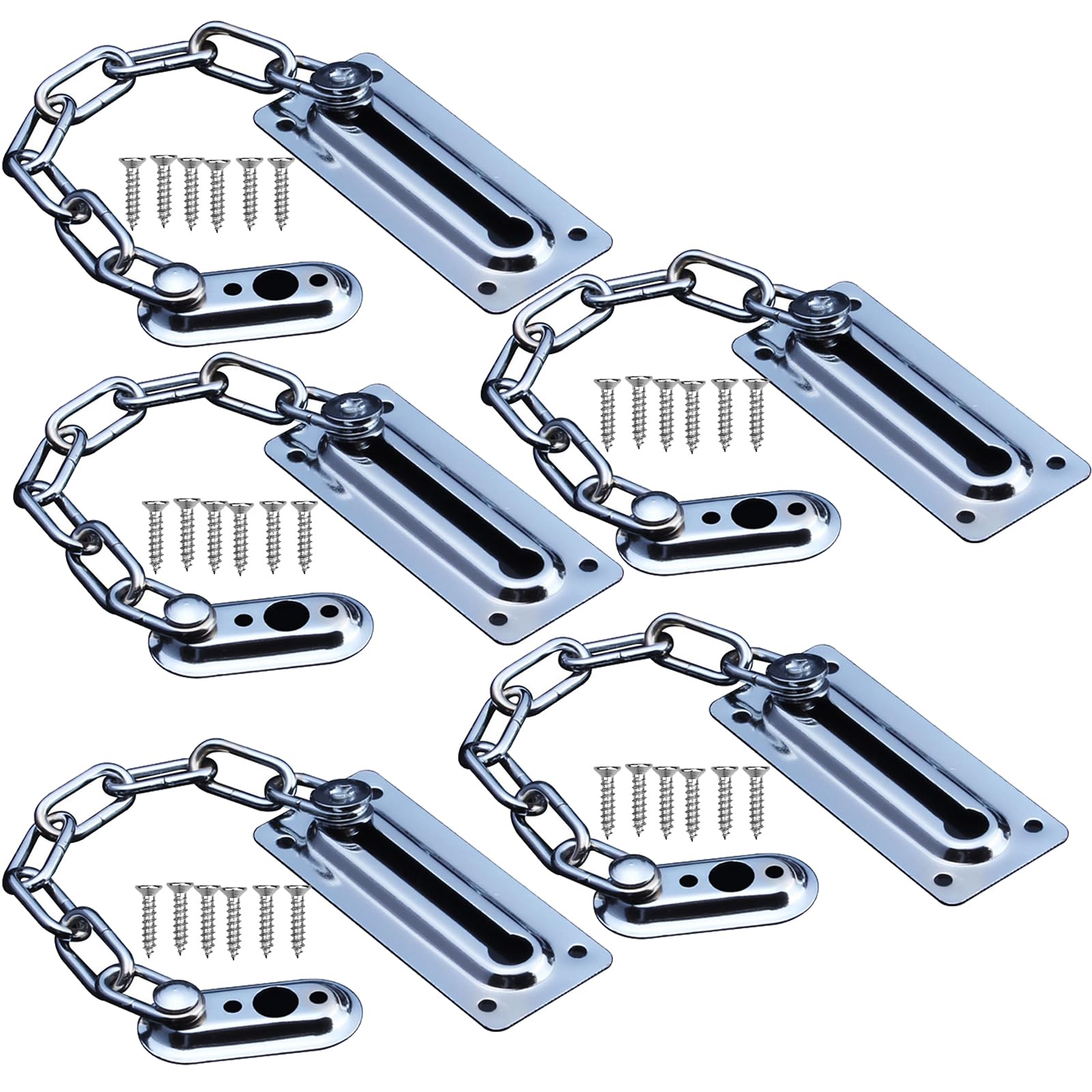 Lsgoodcare 5Sets Portable Stainless Steel Door Safety Guard Chain Security Bolt Locks Cabinet Latch DIY Home Tools Silver Hotel Anti-Theft Door Chain Inner Latch Buckle Hardware