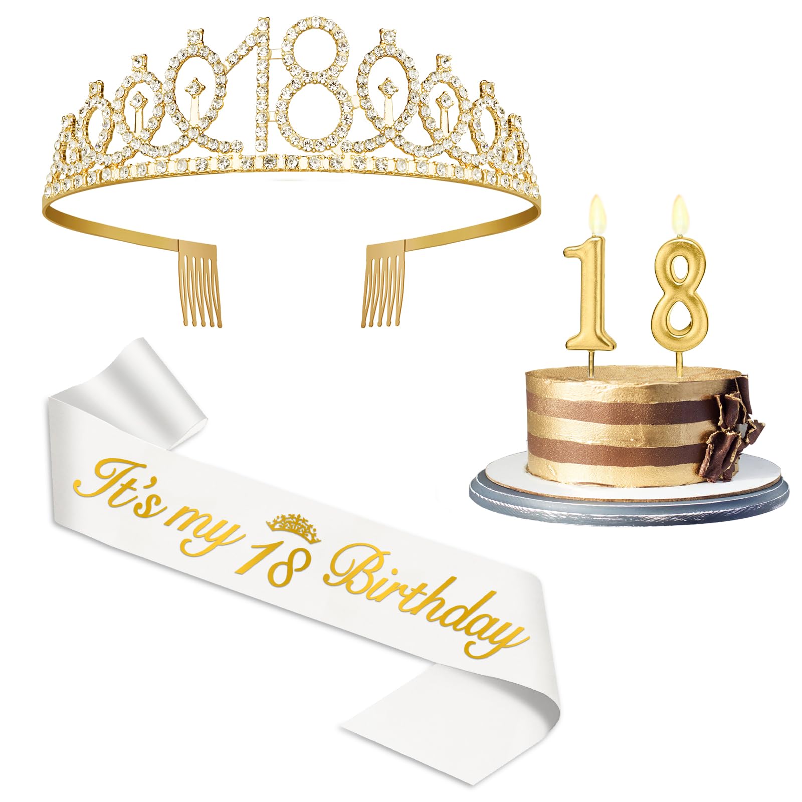 Photo 1 of 18th Birthday Decorations for Girls with 18th Birthday Sash White and Tiara Gold, Number Candles Gold, 18 Year Old Girl Gifts