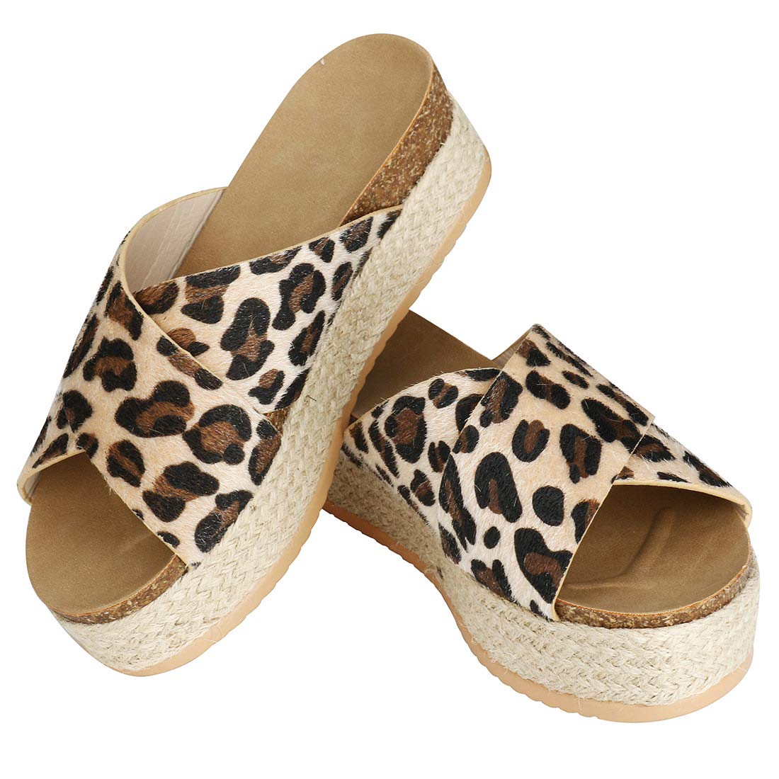 Women's Platform Espadrilles Criss Cross Slide-on Open Toe Faux Leather Studded Summer Sandals