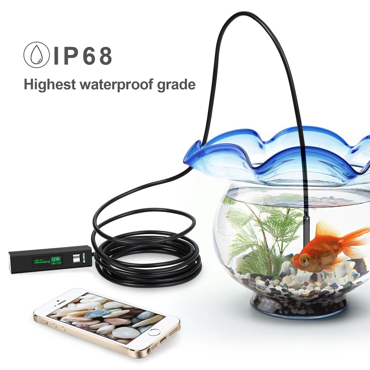 Wifi Endoscope, GULAKI Wireless Borescope Inspection Camera IP 68 Waterproof Snake Camera with 8 Adjustable LED 3.5M Cable 1200P HD Picture for Android & IOS Smartphone, iPhone, Samsung