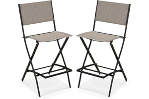 Tangkula Outdoor Barstools Set of 2, Counter Height Folding Bar Chairs with Back and Footrest, Versatile Patio Dining Chairs with Breathable Fabric & Heavy-Duty Metal Frame (2, Brown)