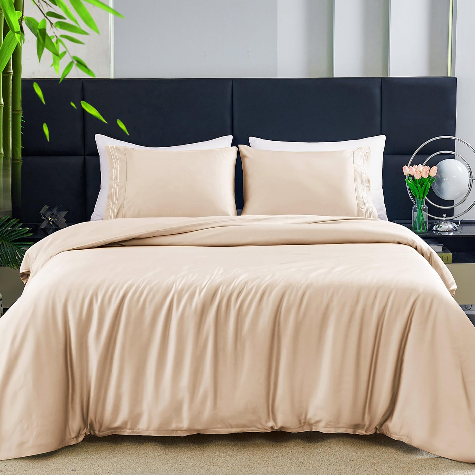 Photo 1 of HCORA Cooling Duvet Cover Queen Size - 100% Viscose Derived from Bamboo - 600 Thread Count Luxury 3 PCS Duvet Cover set - Silky, Breathable, Cooling Comforter Cover with Zipper and Corner Ties (Khaki)