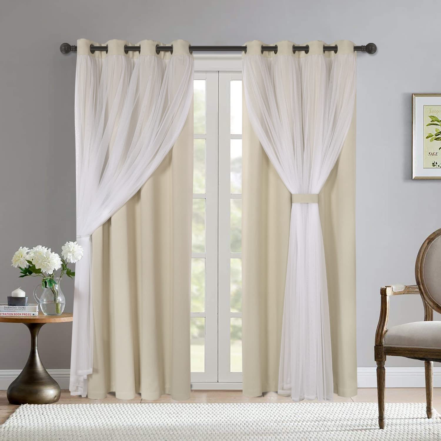 Photo 1 of BONZER White Sheer Voile and Blackout Curtains Assembled Grommet Mix and Match Curtains for Living Room, Beige, 52x84 Inch, Set of 2 Panels