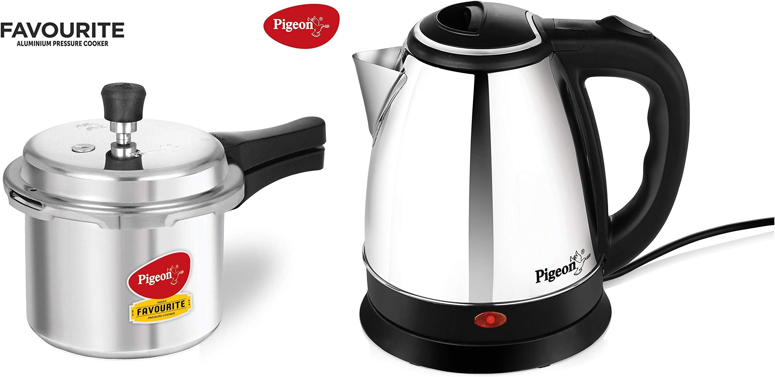 Pigeon by Stovekraft Favourite Outer Lid Non Induction Aluminium Pressure Cooker, 3 litres, Silver & Shiny Steel 1.5-Litre Electric Kettle (Black) Combo