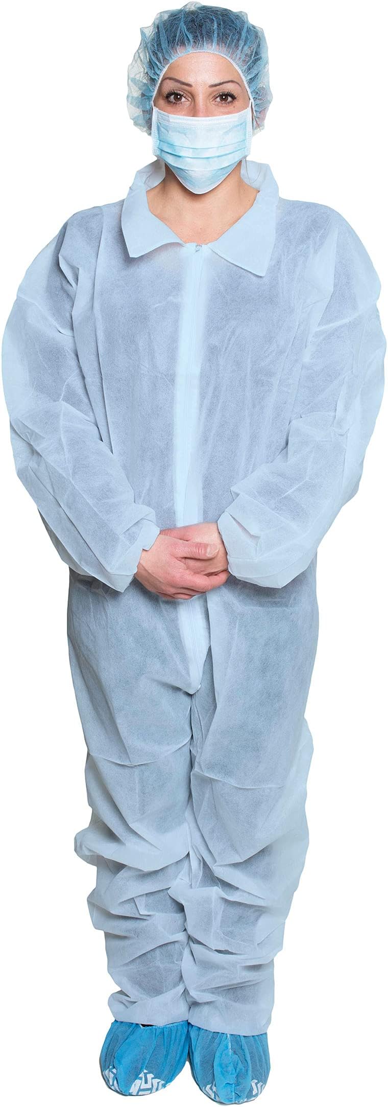 AMZ Medical SupplyAMZ Disposable Coveralls for Men, Women, X-Large. Pack of 5 Blue Spunbond Polypropylene Hazmat Suits. Protective Suits with Zip Closure, Open Wrists and Ankles. Unisex Painters Suit