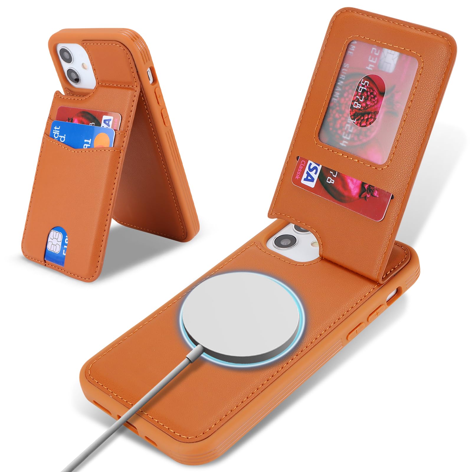 Photo 1 of ?????? case for iPhone 12 and iPhone 12 pro case magsafe Wallet Compatible with Card Holder Back Credit Slots PU Leather Stand Shockproof Phone Cover for Women and Men-Brown