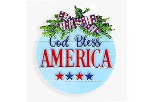 VQRZG 4th of July Patriotic Door Sign Hanger Decorations, Rustic Independence Day God Bless America Welcome Wood Wreaths for Front Door Farmhouse Porch Wall (Patriotic Door Sign-B)