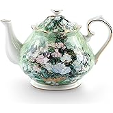 Teapot 30 oz Vangogh Paintings Bone China Loose Tea Pot Floral Design Vintage Ceramic Coffee Water Pot European Style Porcelain (White Rose)