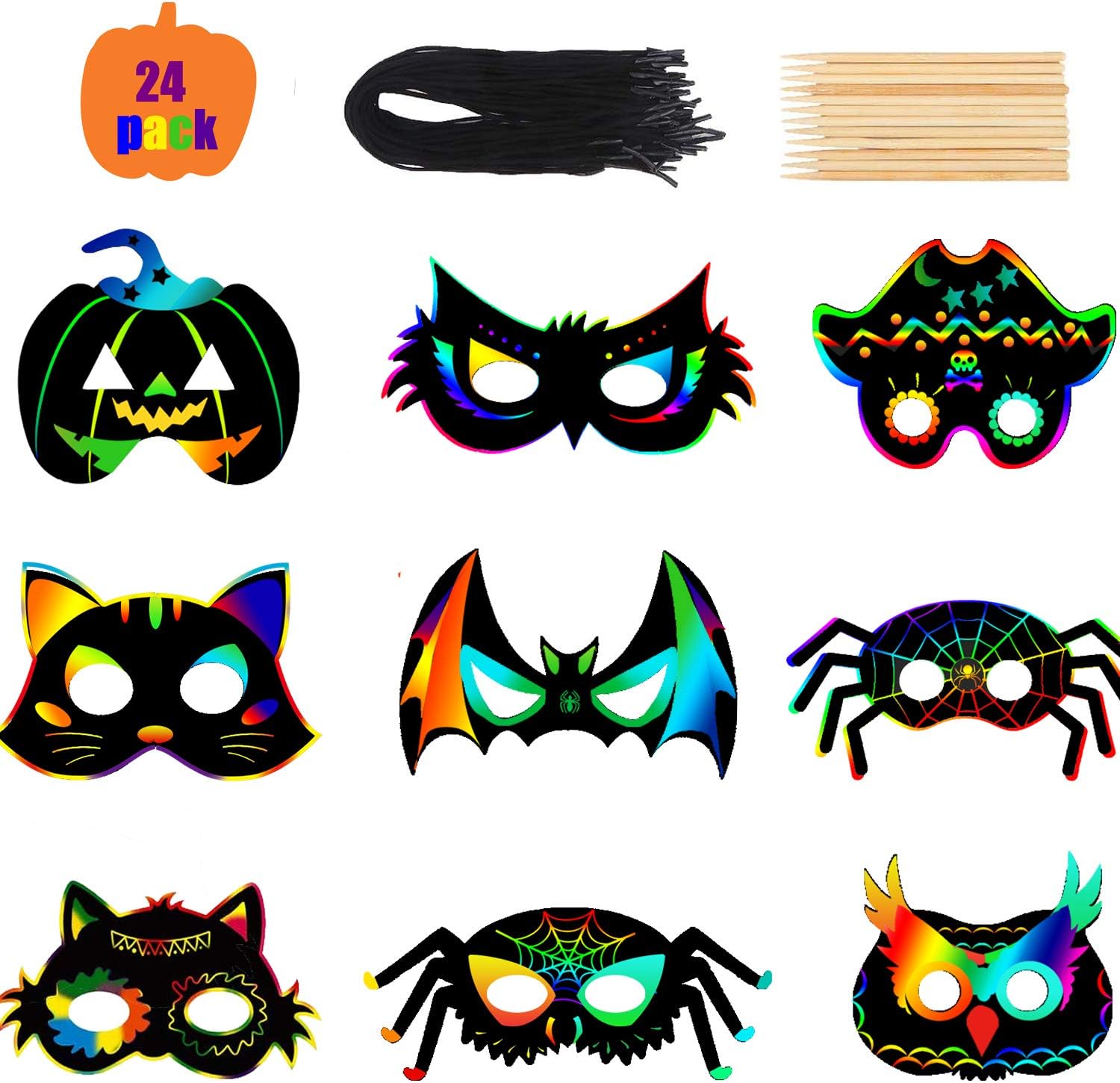 DIYASY 24pcs Halloween Scratch Art Mask, Scratch Paper Mask Magic