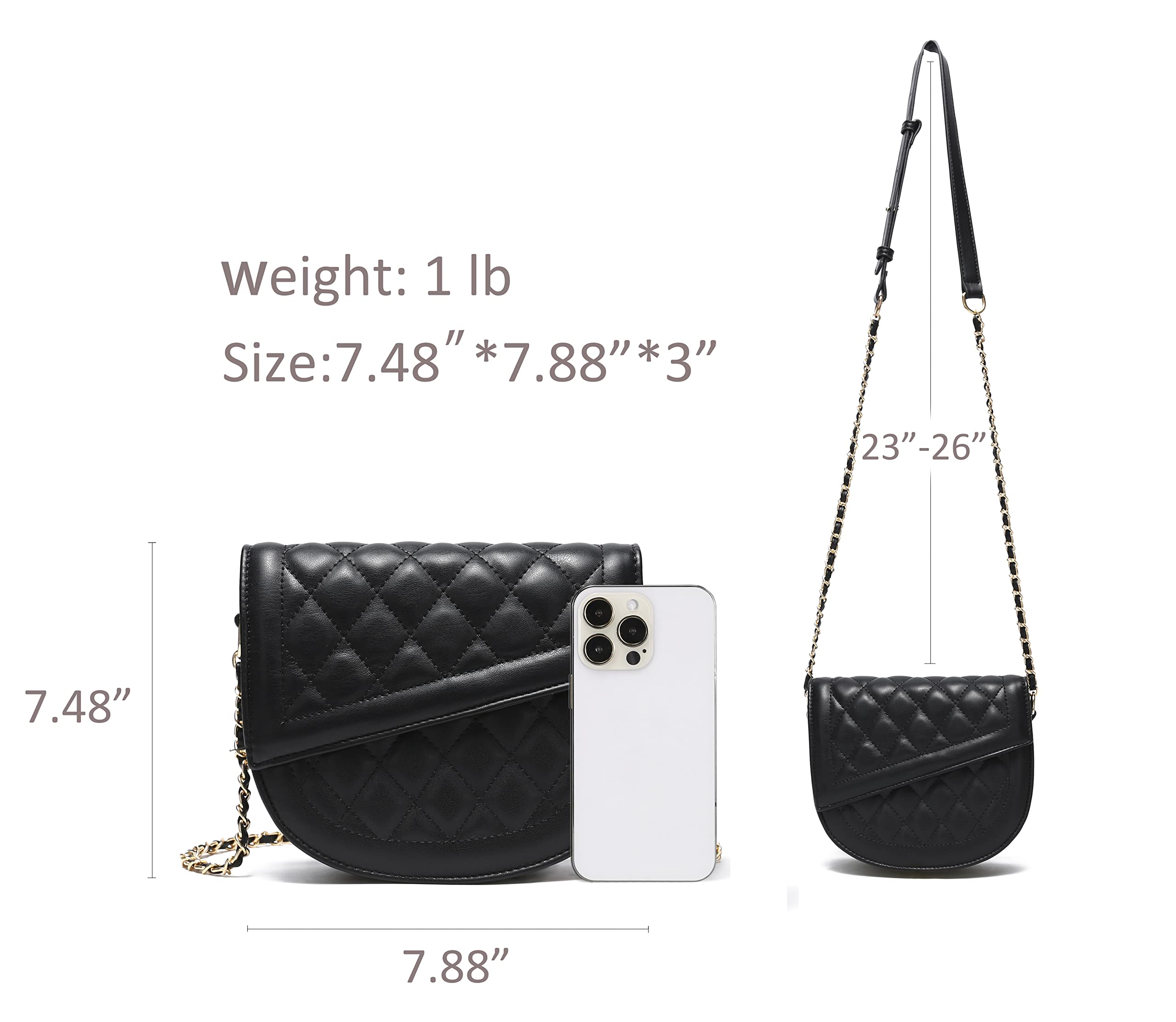 Hxixi Damen Schultertasche mit diagonaler Klappe, gesteppt, Kette, Leder, Crossbody-Tragetasche, Schwarz , Medium