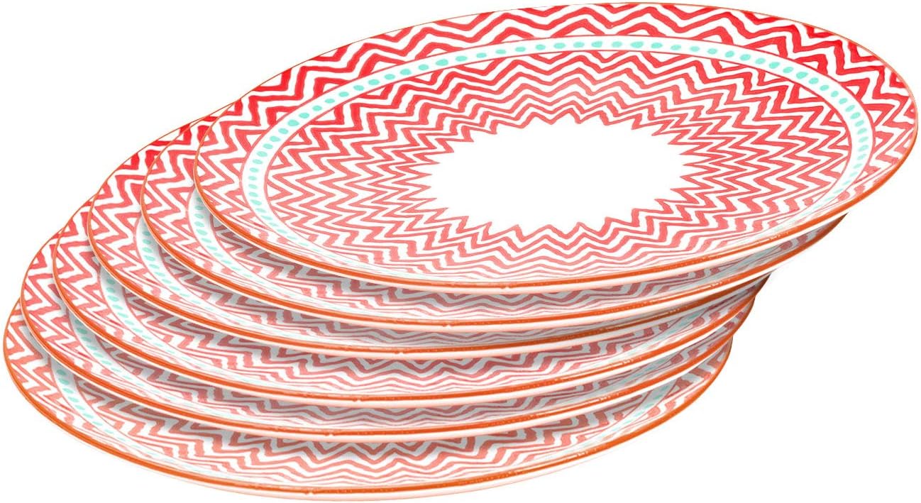 6 Piece Porcelain Dinner Plates Set for Party Gifts Restanrant Table, 10.3 Inch - Red