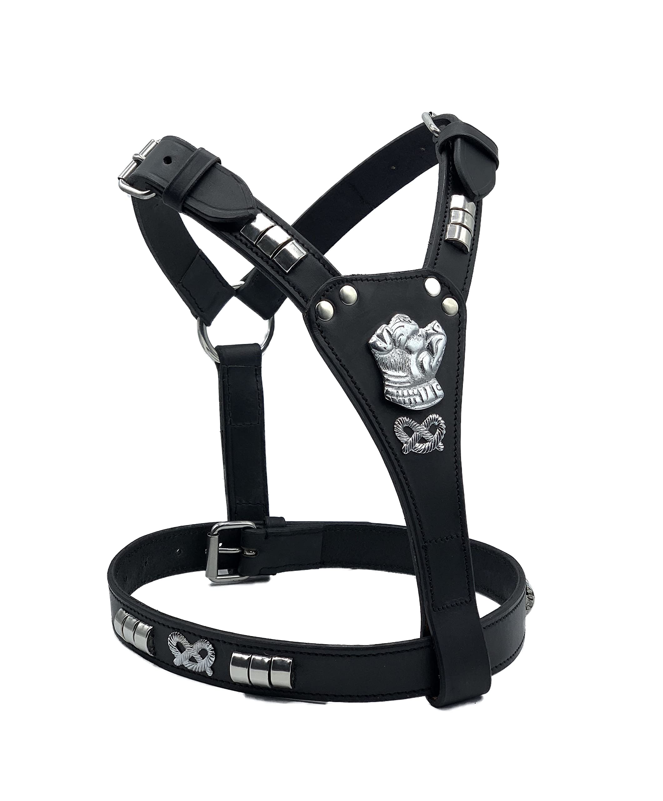 Leather Dog Harness Staffy harness Staffordshire Bull Terrier harness with Staffordshire Bullterrier Head Motif & Knot (23'' GIRTH TO 28'' GIRTH, BLACK WITH SILVER STUD)