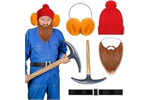 Kuscul 5 Pcs Prospector Costume for Men Set with Beanie Hat Ear Muffs Headband Beard Mustache Set Explorer Cosplay Costume for Halloween Christmas Cosplay Dress Up