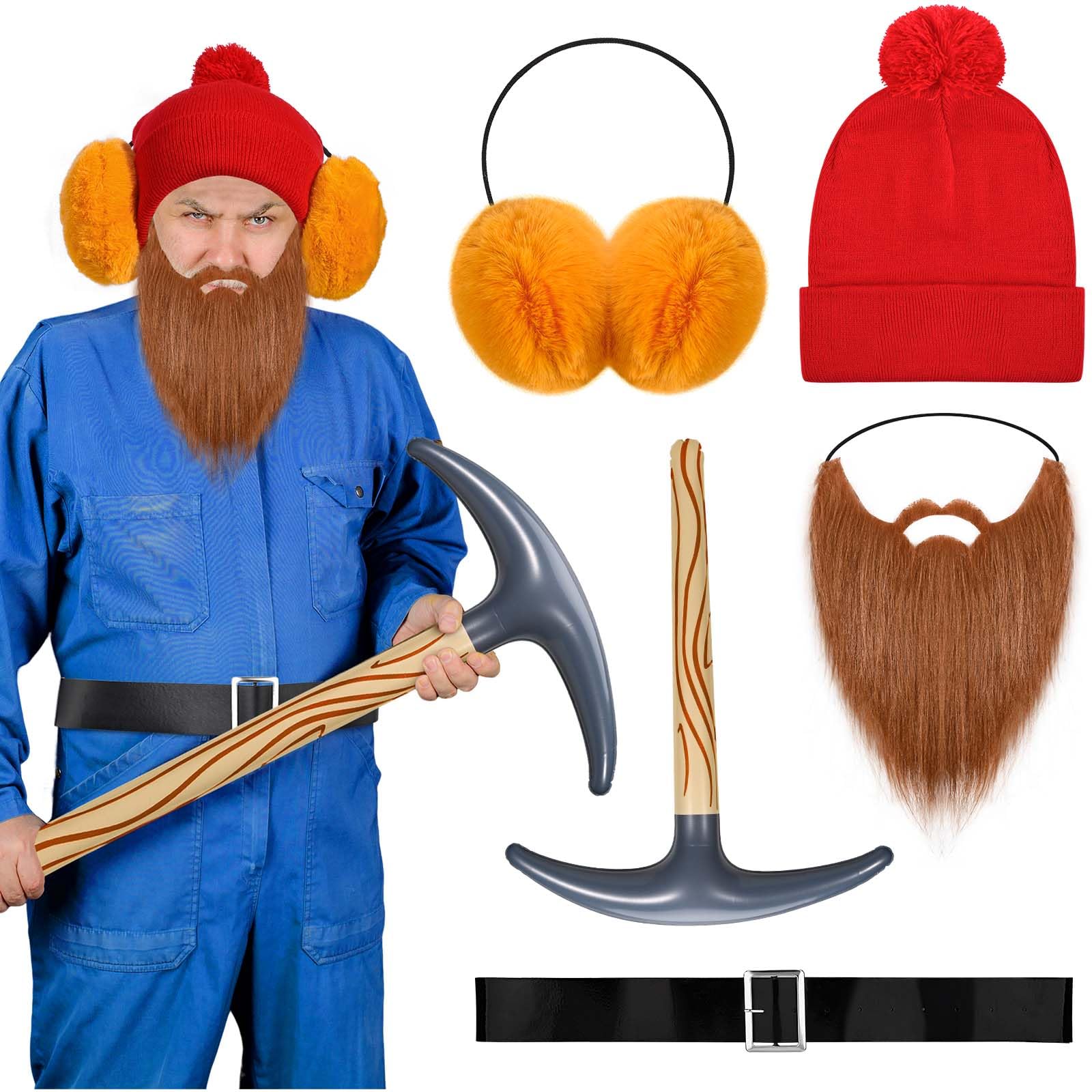 Photo 1 of 5 Pcs Prospector Costume for Men Set with Beanie Hat Ear Muffs Headband Beard Mustache Set Explorer Cosplay Costume for Halloween Christmas Cosplay Dress Up