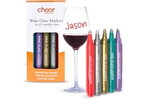 Cheer Collection Metallic Wine Glass Markers, Dry Erase Markers, Washable Wine Glass Marker Pens, Quick Dry Markers for Glasses, Ceramics, & Mirrors, Great for Weddings, Banquets & Parties, Set of 5
