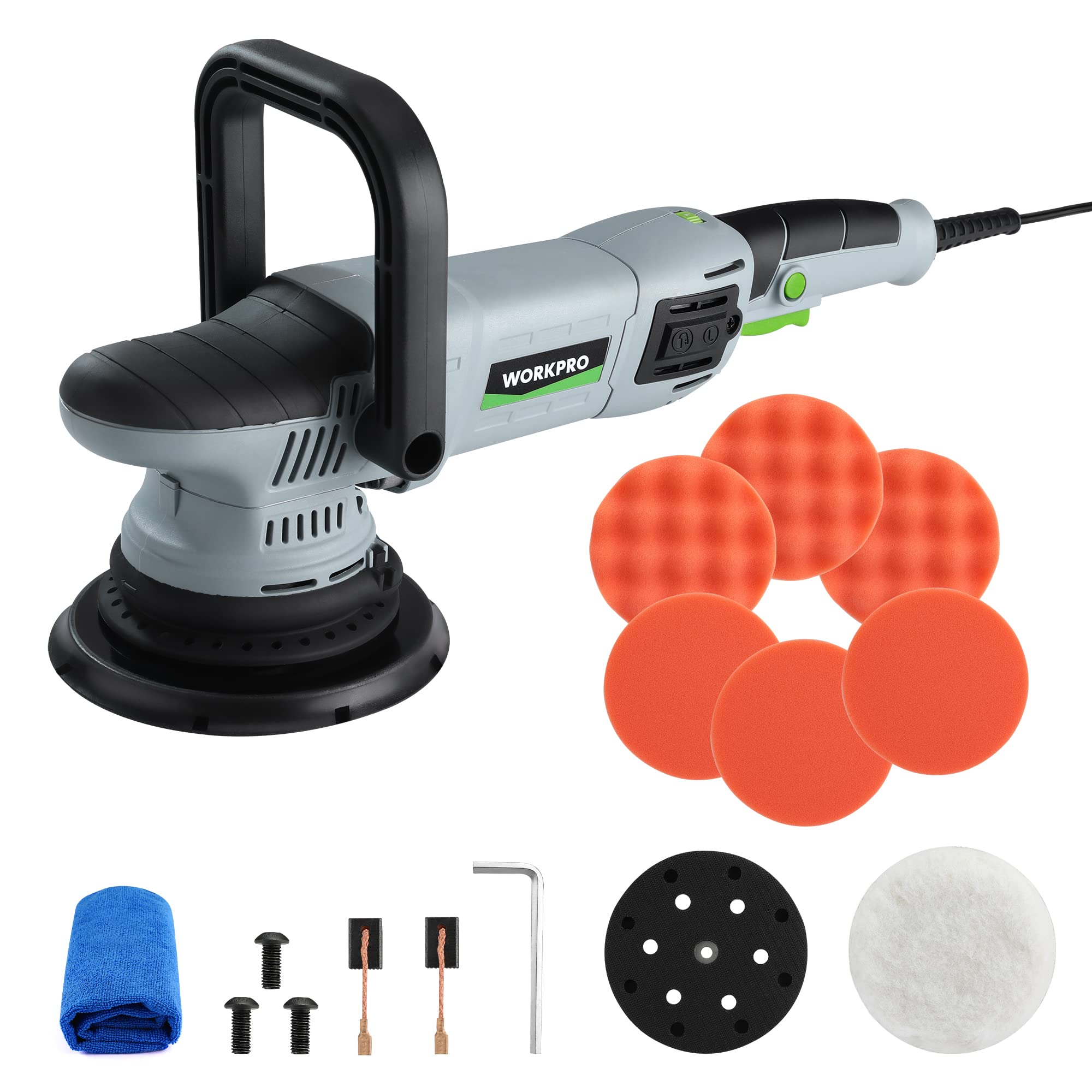 Photo 1 of WORKPRO Buffer Polisher, 6-inch 1080W Dual Action Random Orbital Polish Kit for Car Detailing, 6 Variable Speed DA Polisher with Backing/Woolen/Foam Pads, Towel for Waxing, Buffing, Polishing