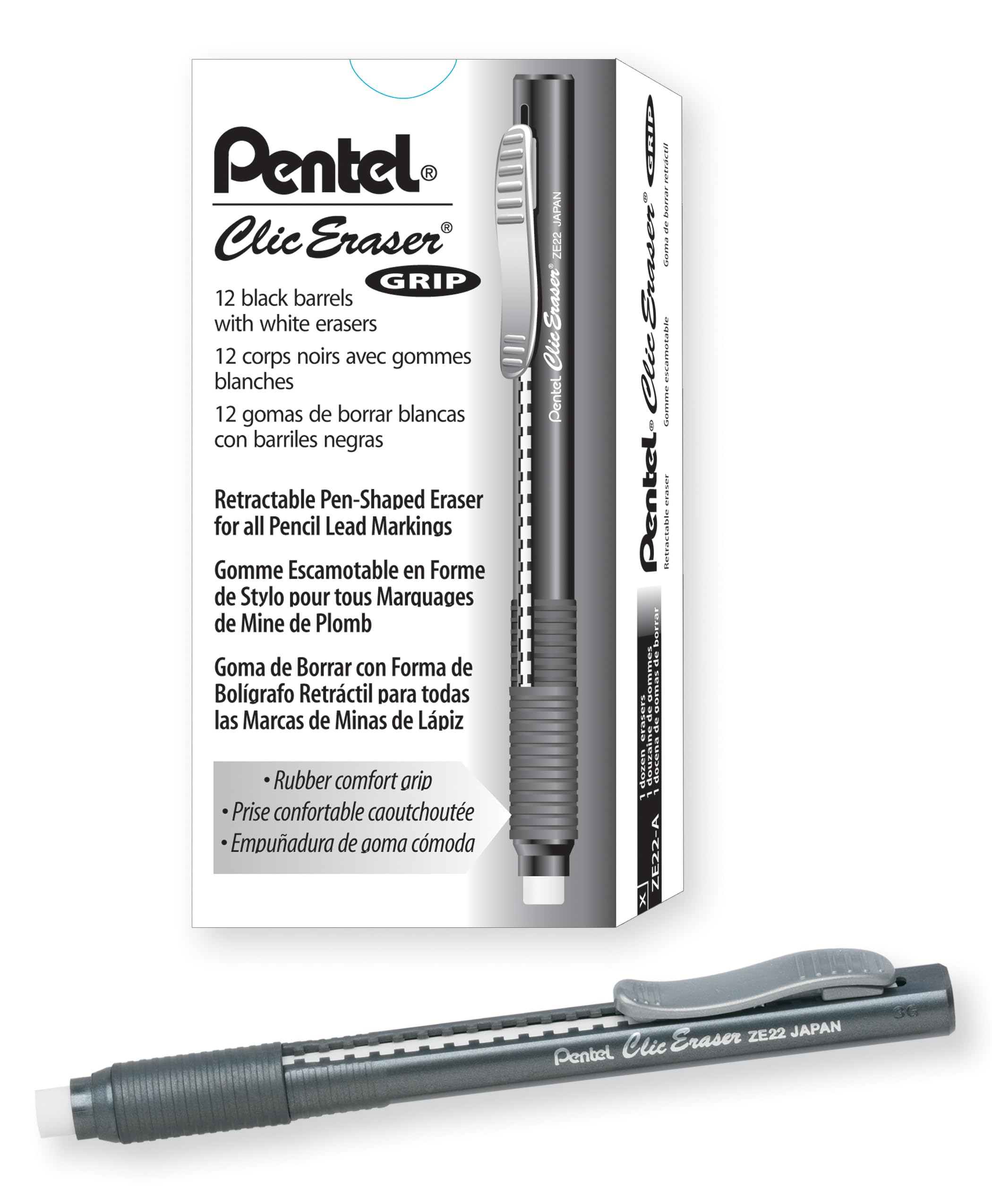 Pentel ZE22A, Clic Eraser Grip, Retractable Eraser, Black Barrel, Box of 12