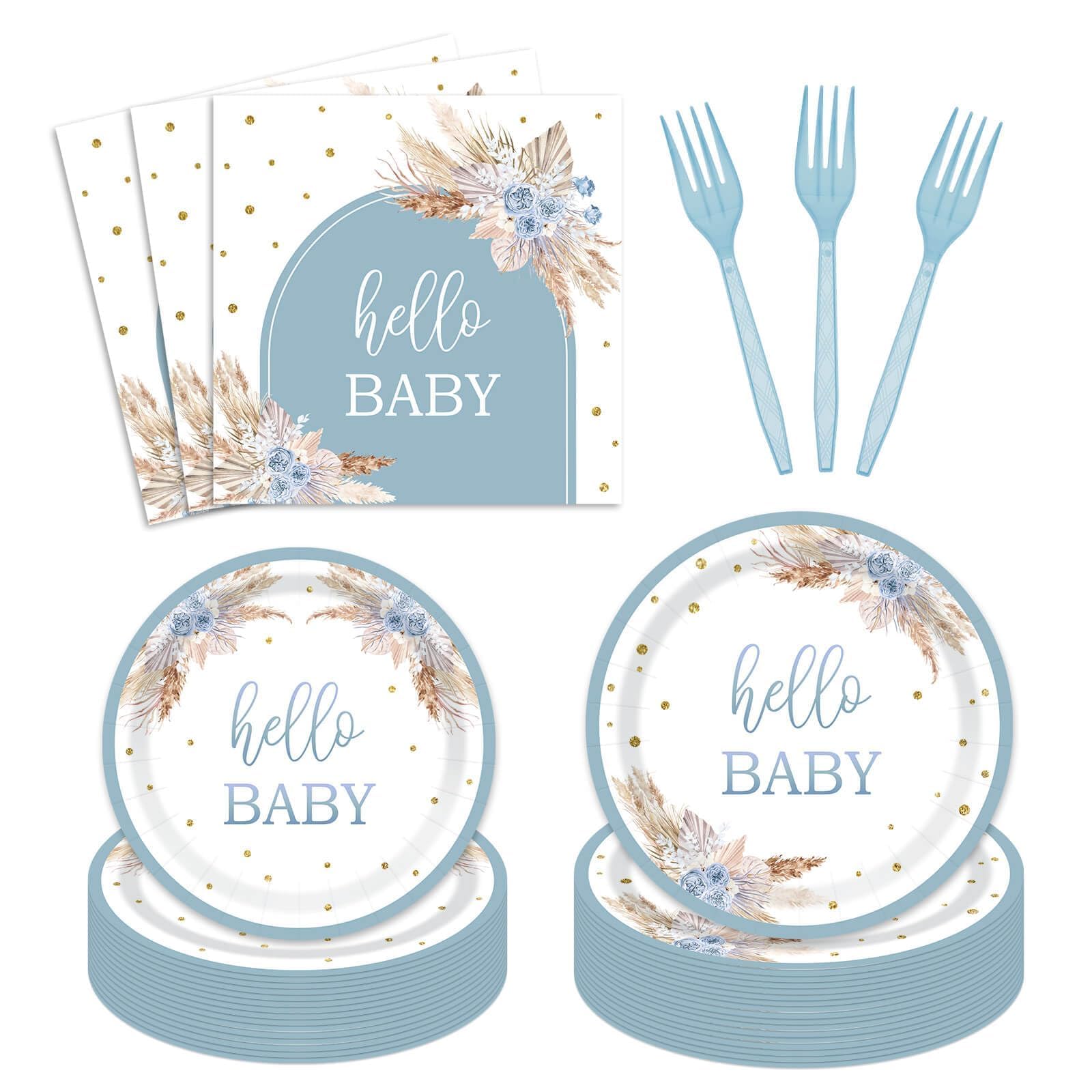 Photo 1 of ***forks missing*** 96 Pieces Dusty Blue Baby Shower Tableware Set Party Supplies - Pampas Grass Boho Blue Oh Baby Disposable Dinnerware with Paper Plates Napkins Forks for 24 Guests