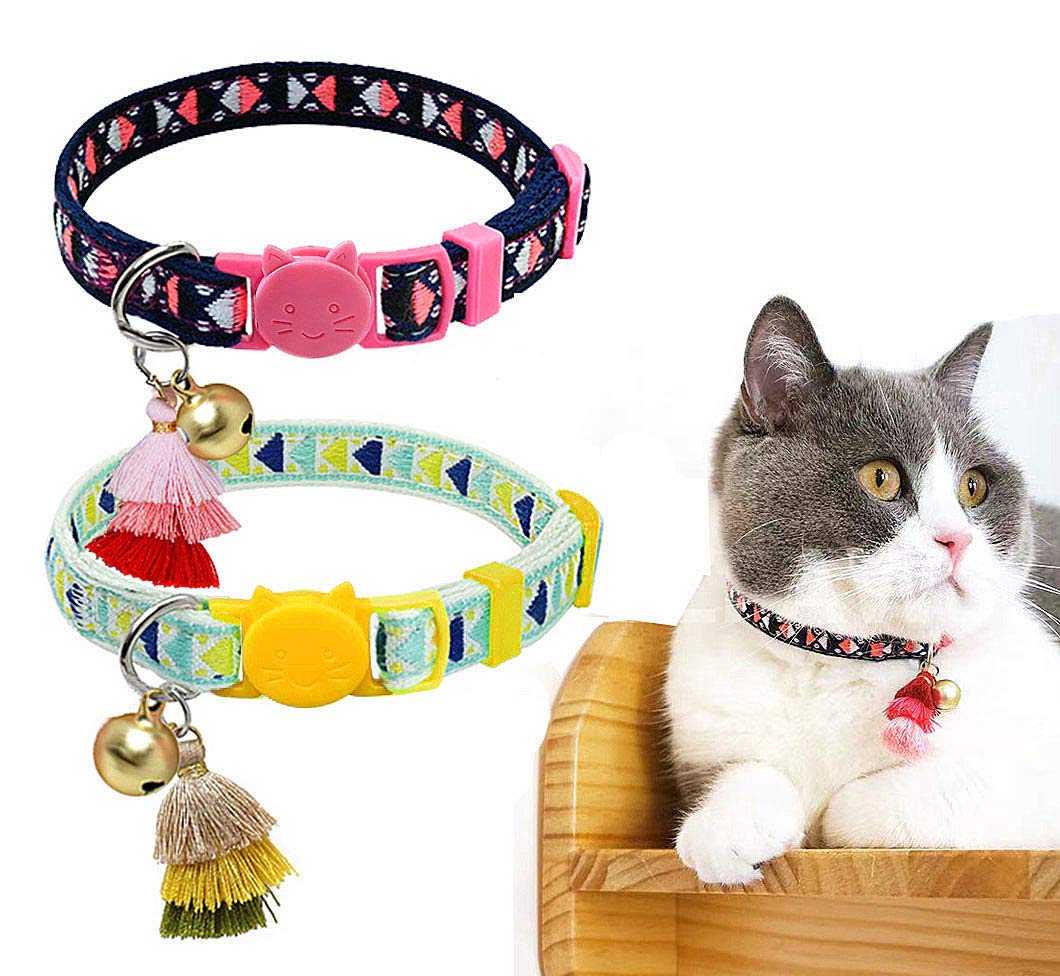 Mihqy 2 Piece Cat Collar with Bell and Tassels - Tribal Pattern Geometric Adjustable Safety Breakaway Collars for Cats Kitten Kitty