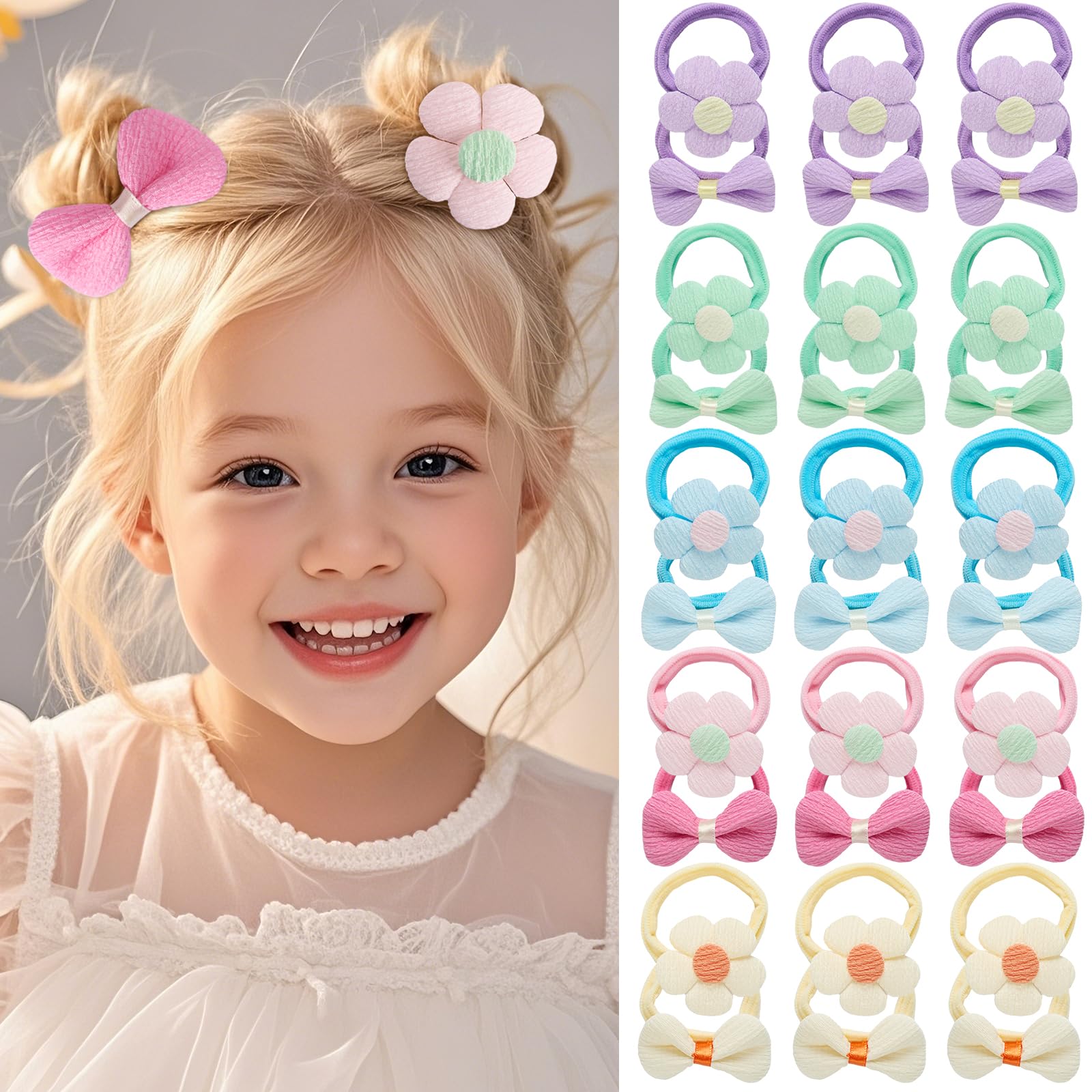 Photo 1 of 30Pcs Toddler Hair Ties, Baby Hair Ties for Girls, Cute Bow Flower Ponytail Holders, Colorful Seamless Cotton Bands for Litter Girls Kids, Toddler Hair Accessories for Thick Thin Hair