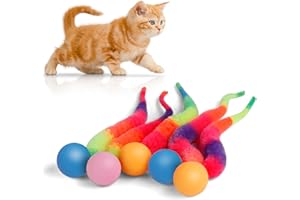 LE TOOTER Bouncy Ball with Tail Cat Toys,5 Packs Rainbow Small Magic Worm with Ball Toy for Cats,Colorful Fuzzy Worm Bouncy Balls Cat Toy