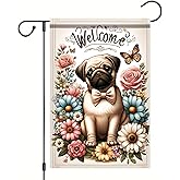 Starlit Patio Spring Summer Floral Pug Dog Garden Flag 12x18 Inch Double Sided Welcome Yard Flag for Outside Small Lawn Porch Patio Farmhouse Outdoor Decoration