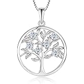Vemhel Tree of Life Necklace for Women - Solid 925 Sterling Silver 18K White Gold Plated Birthstone Pendant Jewelry