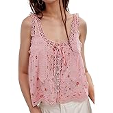 Wyeysyt Women Lace Trim Tank Tops Summer Flowers Boho Semi Sheer Tie Button Front Tops Sleeveless Mesh Going Out Cami Shirt