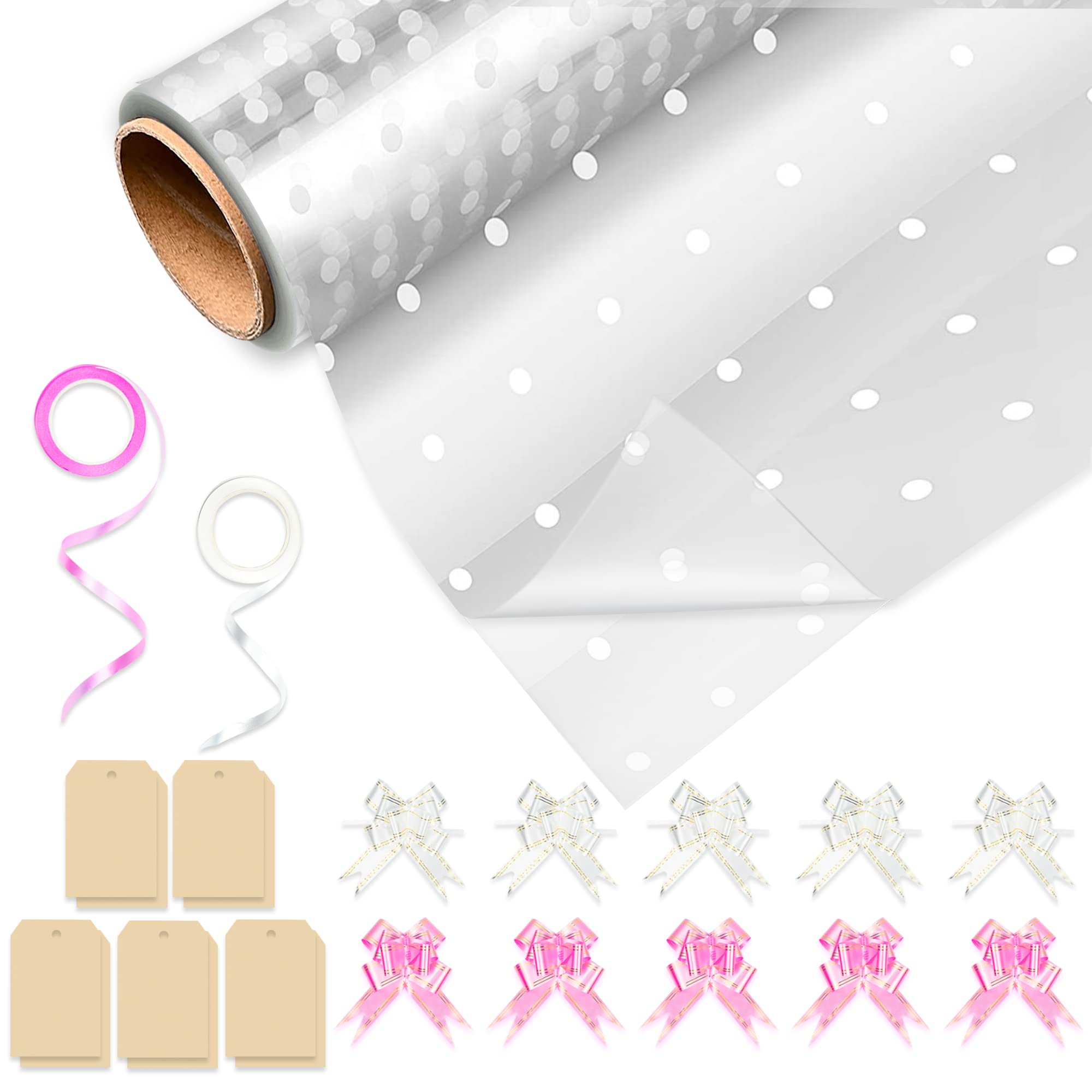 HURUC Dotted Cellophane Wrap Roll 80cm x 30m – Extra Wide 2.5 Mil Wrapping Paper for Gift Wrapping, Florist Packing, Basket Hampers, Christmas & Birthday Gifts (Folded)