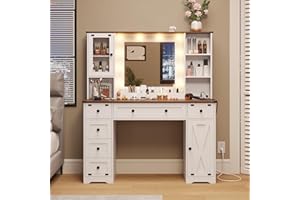 DICTAC Makeup Vanity Desk with Mirror and Lights, Farmhouse Vanity Table with Charging Station, 43'' Bedroom Dressing Table with 6 Drawers & 2 Cabinets, 3 Color Lighting Modes, White