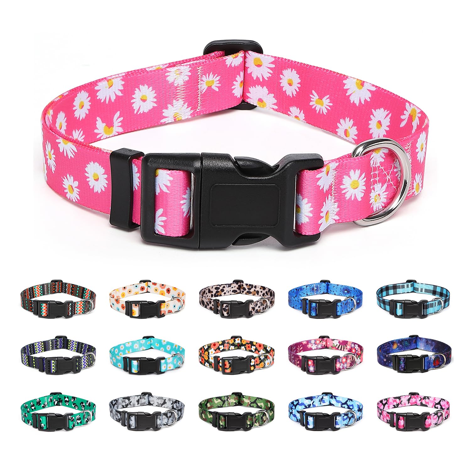 Suredoo Adjustable Dog Collar with Patterns, Ultra Comfy Soft Nylon Breathable Pet Collar for Small Medium Large Dogs (S, Pink Daisy)