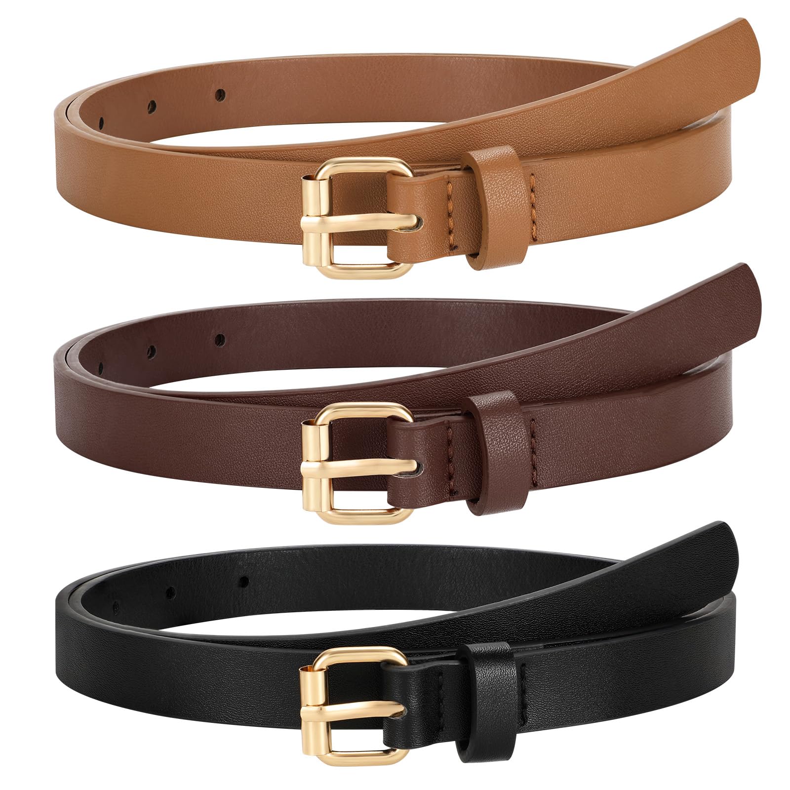 Photo 1 of *****BROWN BEL/MIDDLE BELT SHOWN IN PHOTO ONLY***
TRIWORKS Women Skinny Leather Belt for Jeans Pants Dress Ladies Thin Waist Belt with Gold Buckle