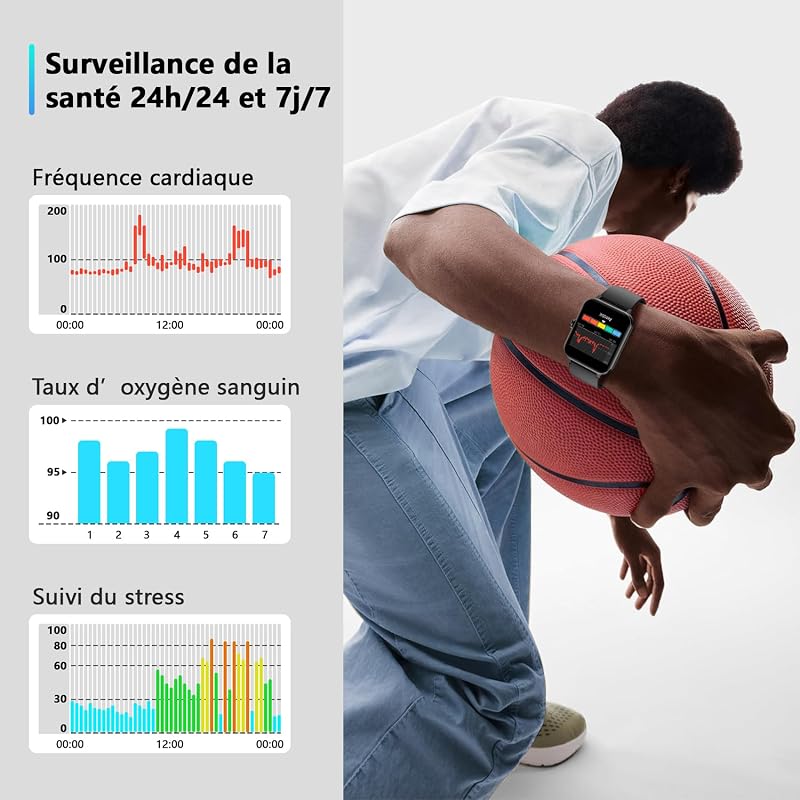 Montre Connectée Homme Femme, Appel Bluetooth, 1,85" HD, Noir